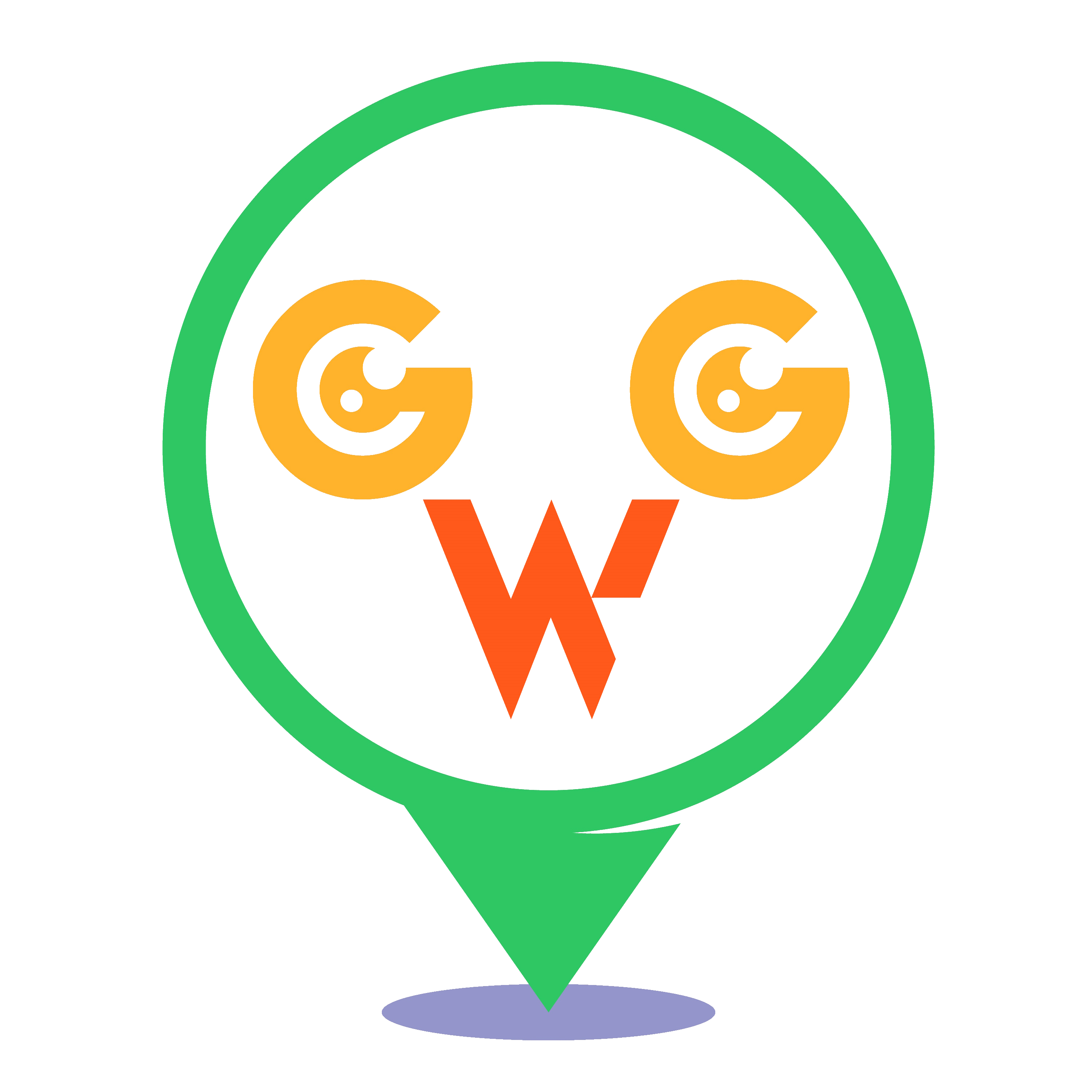 Game World Guessr Logo. A cute little map marker with G's for eye and a W for a mouth.